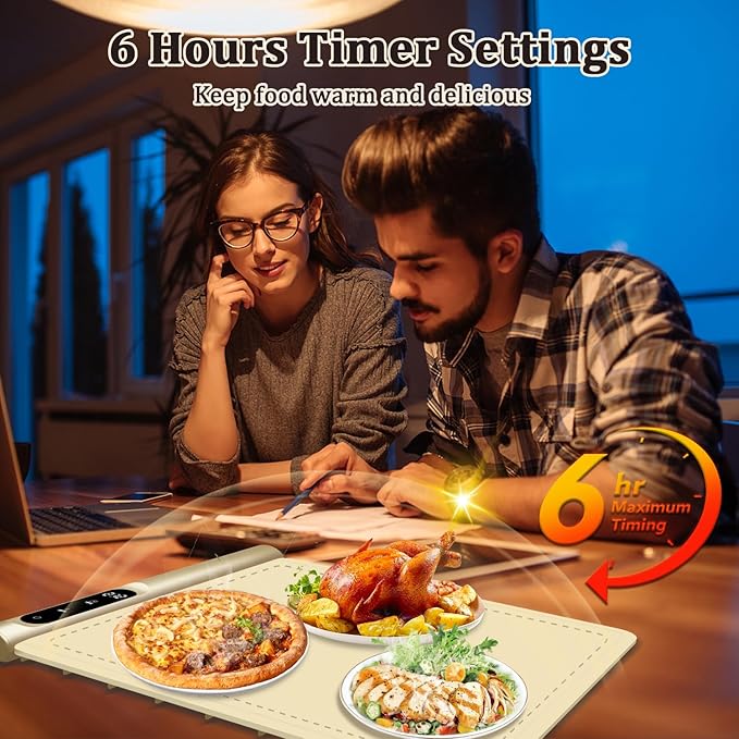 Upgrade Graphene Warming Mat for Food, Electric Warming Tray Rapid Heating with 6 Temps &Timer Settings, Portable Food Warming Mat for Countertop Buffets Party, Beige