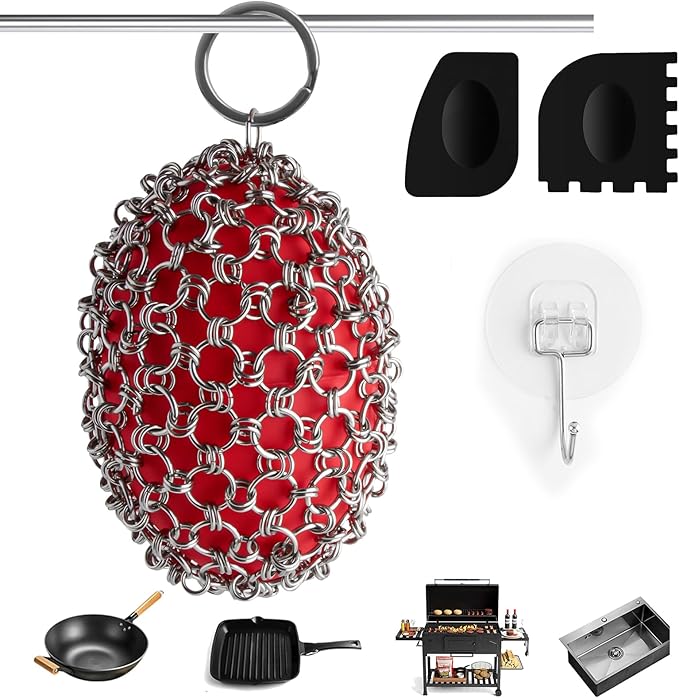 Cast Iron Scrubber Cleaner, Rugby Shape Scrubber Chain Mail with Silicone Core, Cast Iron Skillet Cleaner Cleaning Care Kit Perfect for Cast Iron Cookware,Skillet,Woks - Red