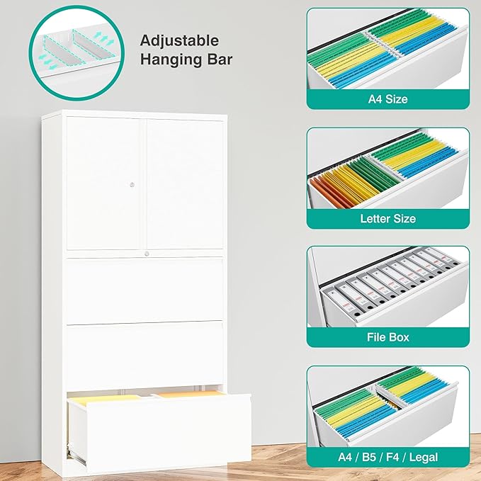SISESOL 3 Drawer Lateral File Cabinet with Lock and Shelf,White Metal Filling Cabinet with Drawers and Shelf, Locking File Storage Cabinets with Doors and Shelves for Home,Office,Garage,School