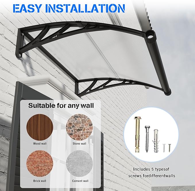 Awning for Door Entrance with Drainage Sink,32x48 Inch Awnings for Doors,Window Canopy Exterior with Plastic Steel Bracket,Polycarbonate Cover,UV,Rain,Snow Protection for House,Porch,Patio,Deck