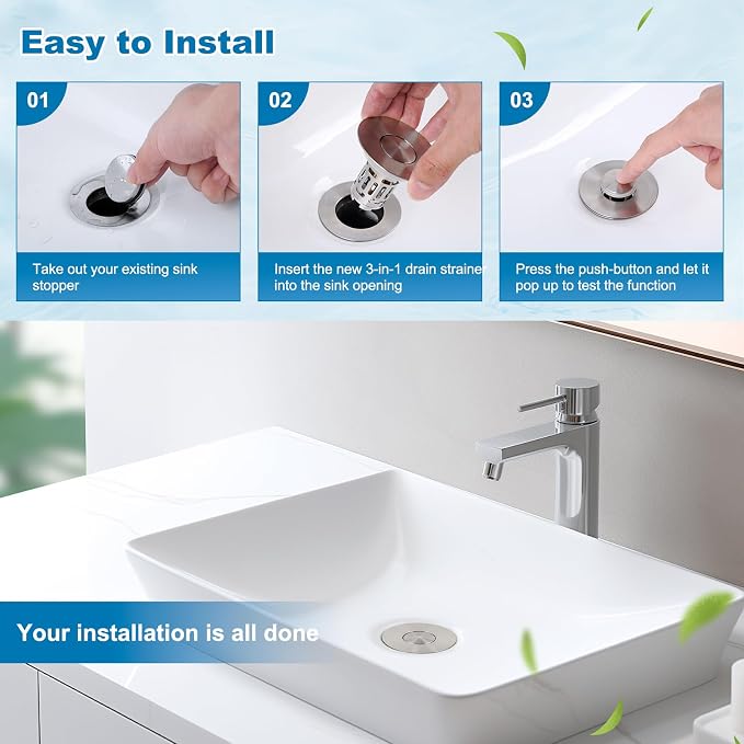 Hibbent 2 Pack Bathroom Sink Drain Strainer, 3 in 1 Pop Up Stopper | Universal - Image 9