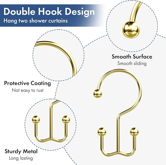 Bathway Shower Curtain Hooks Gold Shower Curtain Rings, Metal Shower Hooks - Image 3