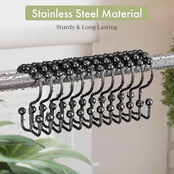 Black Shower Curtain Hooks, Shower Curtain Hooks Rust Proof 12 Pcs Stainless - Image 3