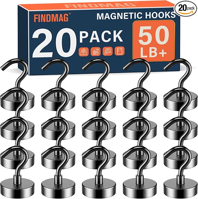 FINDMAG Magnetic Hooks for Cruise Cabins, 20 Pack 50LB+ Black Magnet Hooks by FINDMAG
