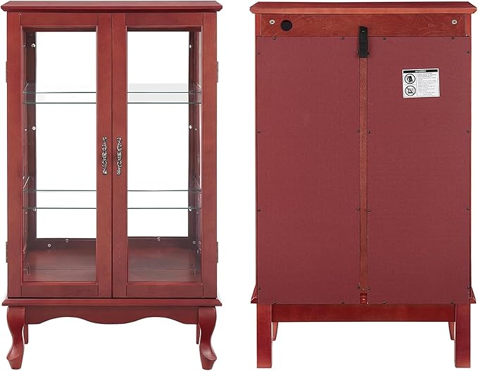 43" H Lighted Curio Cabinet Display Case with Light Bulb, Glass Curio Cabinet with Adjustable Shelves & Tempered Glass Door, Wooden Cabinets w/Mirrored Back Pane for Living Room(Cherry)
