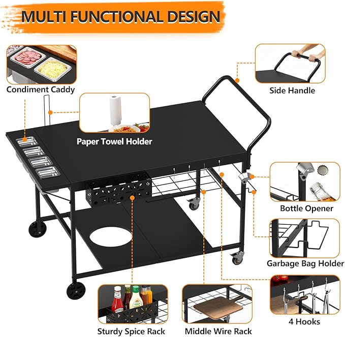 Pizza Oven Table with Topping Station, Outdoor Pizza Oven Cart, Grill Cart Table for Blackstone Griddle, Pizza Prep Station with Storage & Seasoning Tray, for Ninja, Cuisinart, Gozney