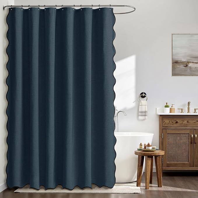 MIULEE 72"x84" Extra Long Scalloped Linen Shower Curtain Navy Blue - Image 2