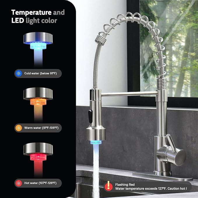 WEWE LED Kitchen Faucet, 2-Mode Sprayer, Brushed Nickel, Pull-Down | 17-Inch - Image 2