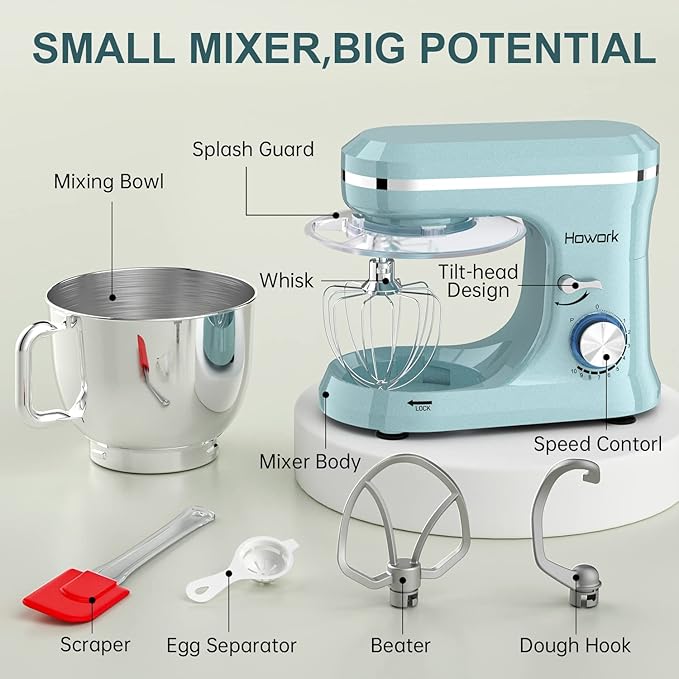 HOWORK Electric Stand Mixer,10+p Speeds Kitchen Mixer With 6.5QT Stainless Steel Bowl,Dough Hook, Wire Whip & Beater,for Most Home Cooks(Blue)