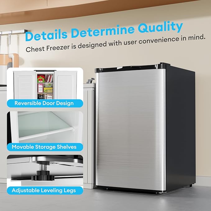 TABU 3.6 Cu Ft Upright Freezer, Freestanding Mini Freezer with 7 Adjustable Thermostat, Compact Freezer with Removable Shelves, Reversible Stainless Steel Door, Silver
