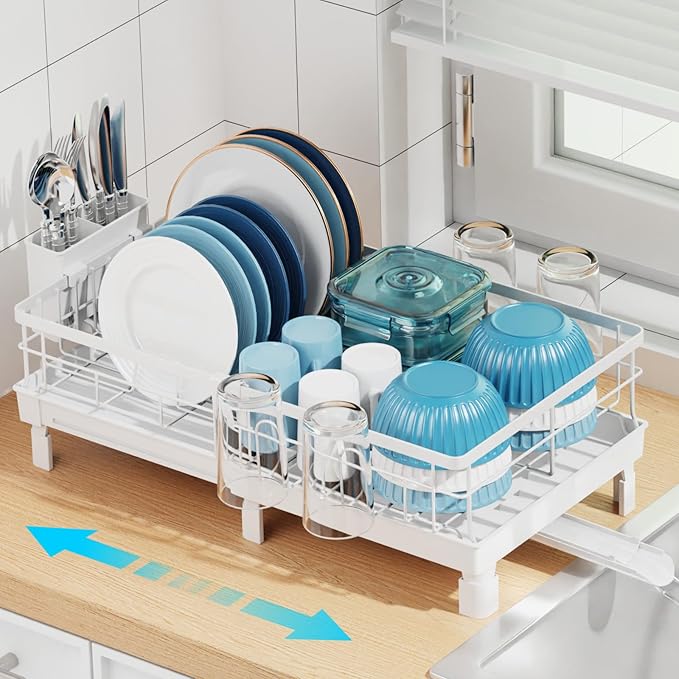 GSlife Expandable Dish Drying Rack for Kitchen Counter - Compact Rust-Resistant Dish Racks with and Cup Holder for Small Apartment, 12.2" W x 12"-19.5" L, White