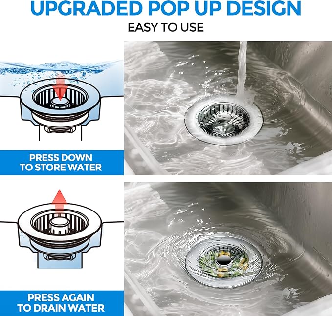 zaa 3 in 1 Kitchen Sink Drain Strainer Stopper Removable Basket Pop-Up - Image 3