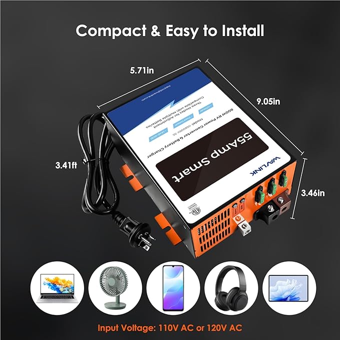 WAVLINK 55 Amp RV Power Converter, 120V AC to 12V DC Battery Charger with 3 Smart Charging Modes, 13V-16.5V Adjustable Operating Range, Multi-Stage Charging