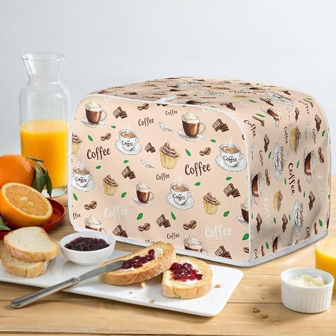 Coffee Print Toaster Cover - 2 Slice Retro Bread Maker Protector Oven Dust Cover for Small Kitchen Appliances Anti Fingerprint