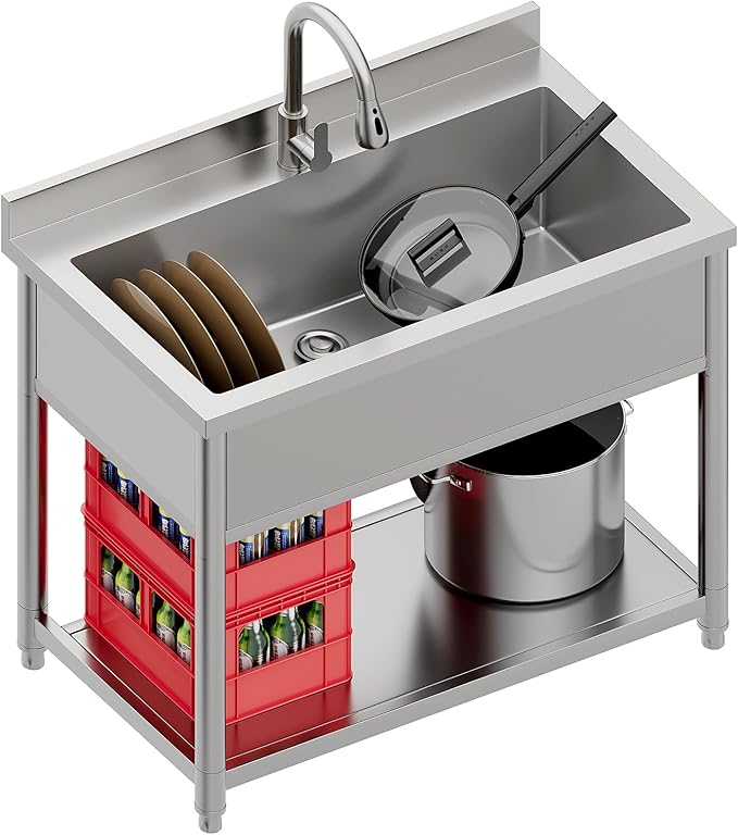 Stainless Steel Utility Sink, Large Freestanding Laundry Sink with Pull-out Faucet for Kitchen, Bathroom, Laundry Room, Garage, Outdoor/Indoor Use, Pet Cleaning, D21.65 x W35.43 x H36.61 inch
