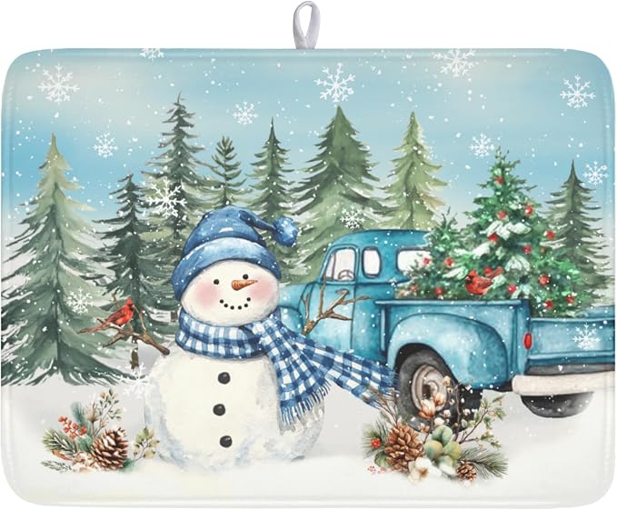 Giwawa Winter Snowman Blue Dish Drying Mat Xmas Truck Dishes Pad 18"x24" by Giwawa