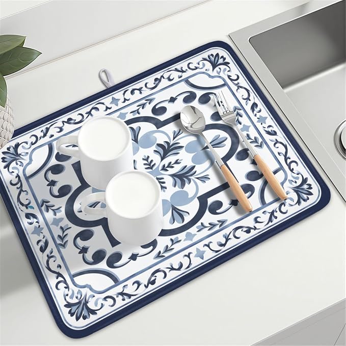 Giwawa Navy Flower Dish Drying Mat Modern Boho Microfiber Dishes Drainer Pad - Image 8