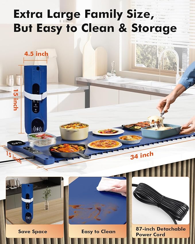 New Food Warming Mat with Wireless Charger, 34”x15” Extra Large Roll Up Food Warmer, Fast Heating Mat for Food with 7 Level Temperature & 8 Hours Timer, Electric Warming Trays for Buffets Party (Blue)