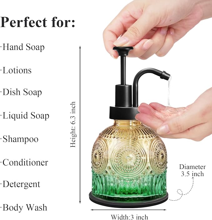 Amolliar 8 Oz Glass Soap Dispenser Plastic Black Pump, Vintage/Farmhouse/Boho - Image 2