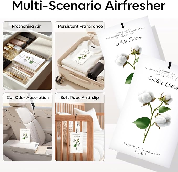 MYARO 12 Pack White Cotton Scented Sachets, Closet Deodorizer Car Freshener - Image 3