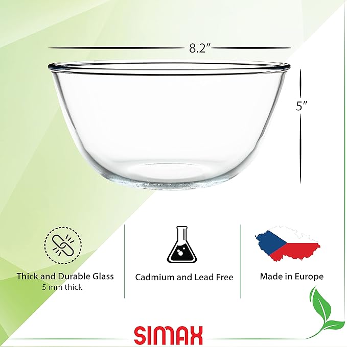 SIMAX Glass Mixing Bowl, 1.8 Quart Clear Glass, Modern, Contemporary, Oven & Microwave Safe, Mixing, Serving, Baking