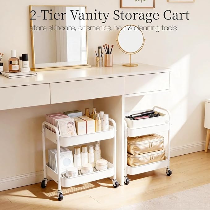 Under Desk Storage Cart 2 Tier Utility Rolling Cart with Wheels, Small Metal Mobile Trolley with Handle Two Tiered Utility Organizer Roller for Kitchen Office Bathroom Pantry Room, White