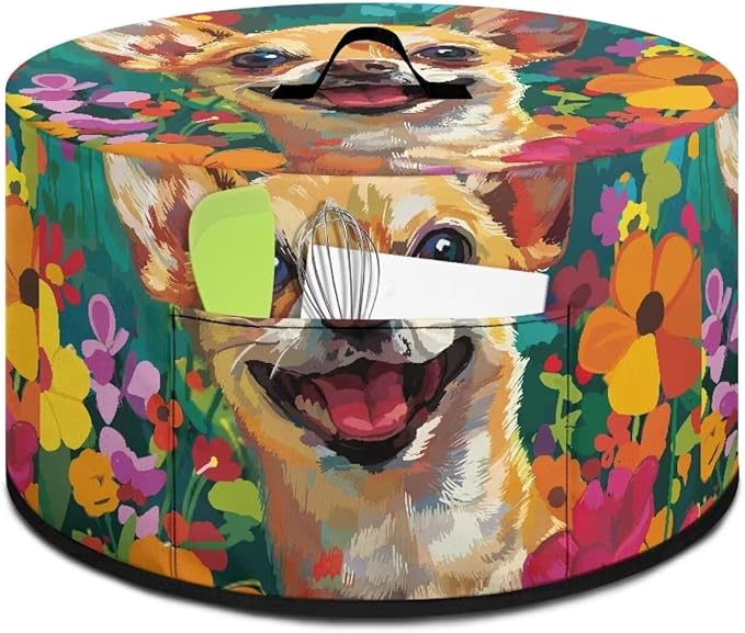 Chihuahua Dog Floral Oil Paint Print Slow Cooker Cover Fits 6/7/8 Quart Large Crock Pot Practical Electric Pressure Cooker Cover Keep Kitchen Clean and Easy to Use, 16 x 14 x 9.6 inch
