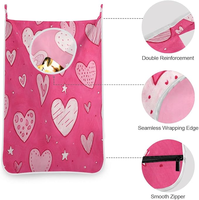 Hot Pink Hearts Stars Hanging Laundry Hamper Door Hampers Bag Basket - Image 5