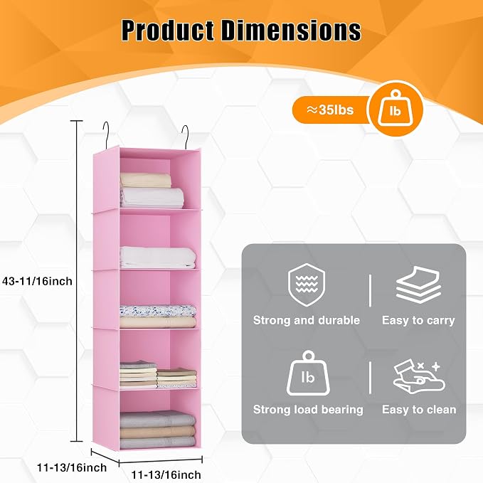 Hanging Closet Organizer 5-Shelf, Oxford Fabric Wardrobe Storage, shoes & - Image 3