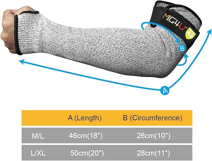 MIG4U Cut Resistant Sleeves, Safety Protection Arm Guards for Men and Women Yard Work, Construction, Farm, Gardening, Adjustable Fit, 1 Pair 18" Grey