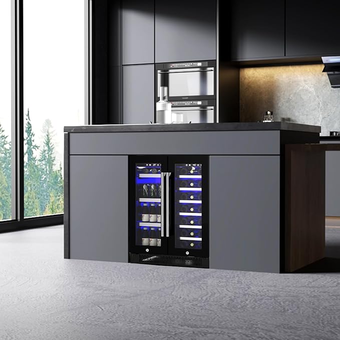 24 Inch Wine and Beverage Refrigerator, Dual Zone Wine and Drink Fridge with Glass Door&Lock for 20 Bottles and 60 Cans, Under Counter Wine Cooler Refrigerator Built-in Counter or Freestanding