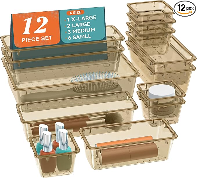 12 PCS Drawer Organizer Set, Makeup Organizers, Champagne | 4 Sizes, Desk by Unknown