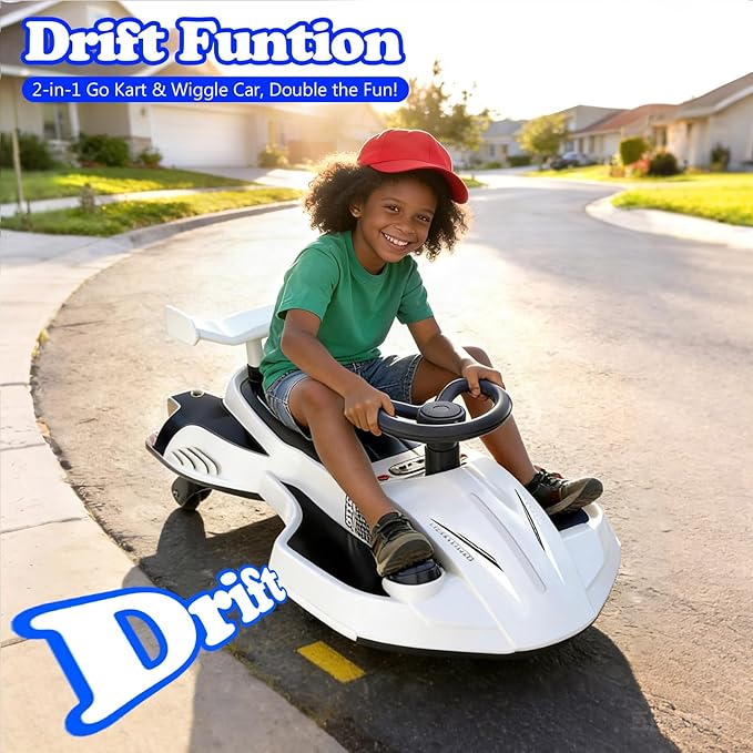 12V Electric Wiggle Car Ride On Toy, Swing Car with Pedal, for Kids from Ages 3 and Up, Birthday Gifts for Boys and Girls, Anti-Rollover, Flashing Wheels, Bluetooth (Black+White)