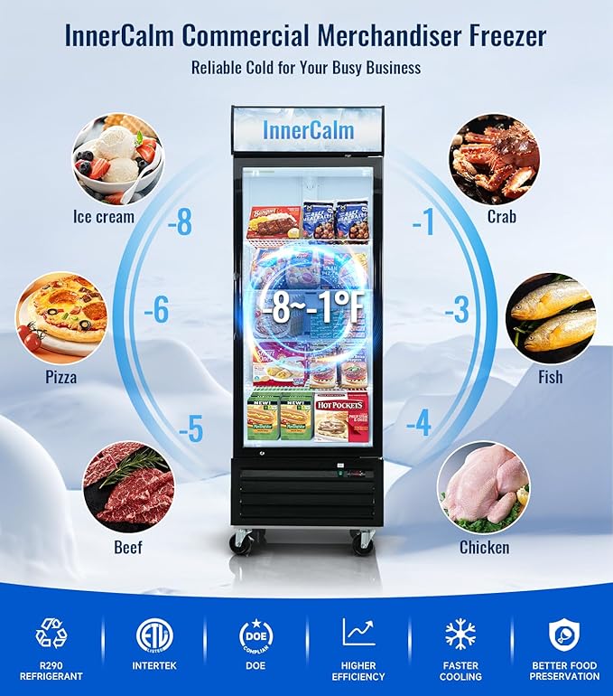 27" Commercial Display Freezer Upright, 20.6 Cu.ft Merchandiser Freezer with Triple-Pane Glass Door, -8 to -1℉, Auto Defrost, LED Sensor Light, Good Choice for Supermarkets, Cafes, Stores