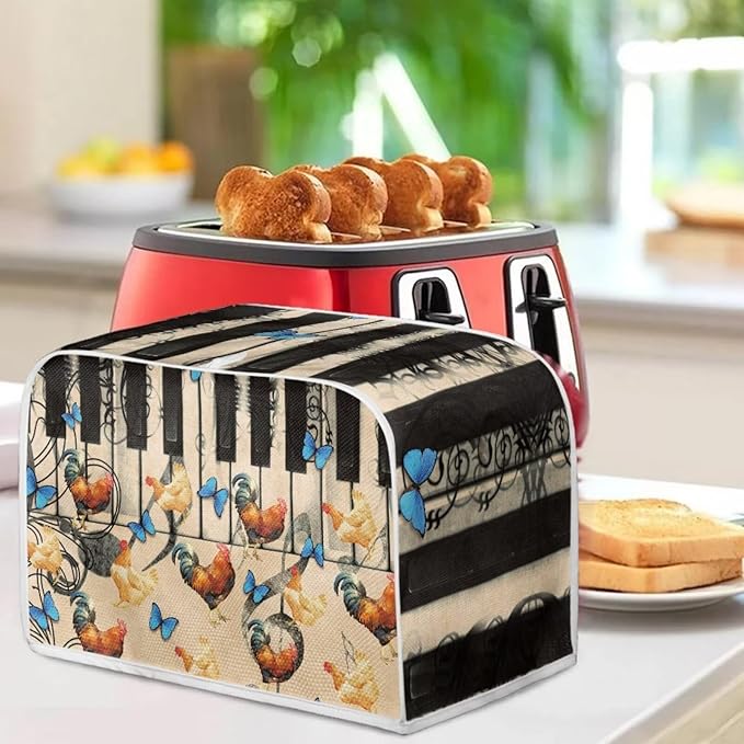 Vintage Rooster Piano Toaster Covers Wide Slot Bread Machine Covers for 2 Slice Toaster Dust Protection Kitchen Decoration