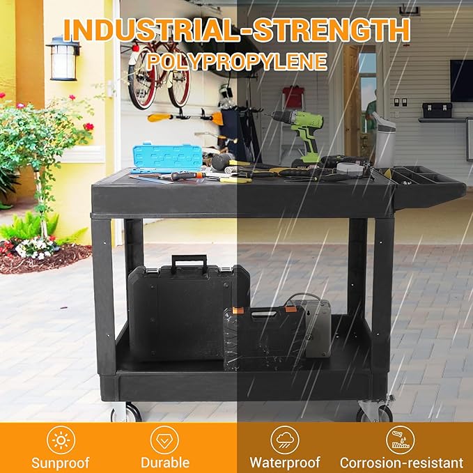 Large Heavy Duty Plastic Utility Service Cart Flat top 45.8 x 25 Inch, Work Cart Flat Shelves Holds up to 550 lbs - 2 Tier Service Cart with 360°Swivel Wheels (2 with Brakes) Black