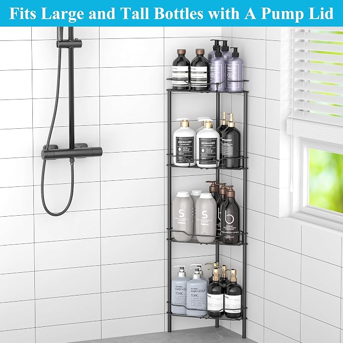 HuggieGems Metal Floor Standing Corner Shower Caddy, Matt Black, 4 Tier - Image 4