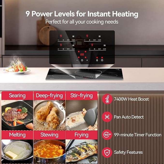 30 Inch Induction Cooktop 7400W, TECASA Built-in Induction Stovetop with 4 Boost Burner, Timer & Child Safety Lock, 9 Heating Level, Sensor Touch Control, 240V, Drop-in Electric Stove Top
