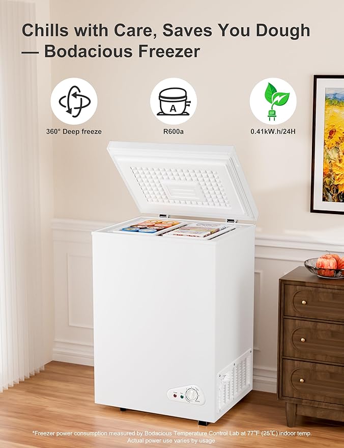 5.0 Cu.Ft Chest Deep Freezer with 2 Removable Baskets, Energy Efficient (0.41kWh/24H), <40dB Ultra-Quiet, 6 Temp Control, Manual Defrost, Free Standing Top Open Door for Home Garage Basement, White