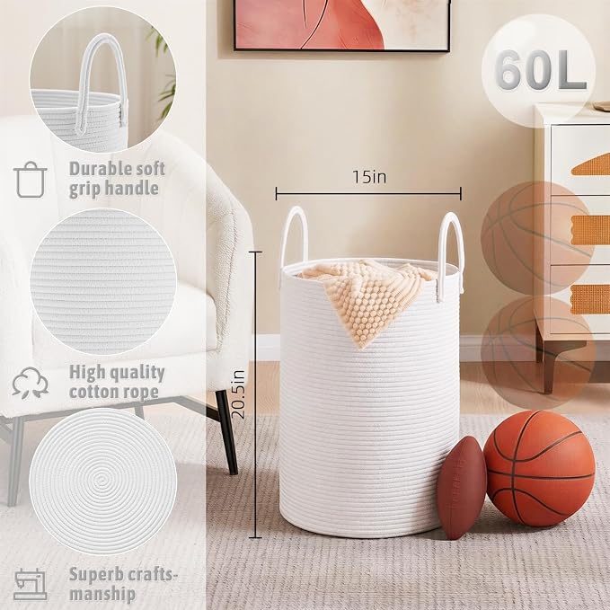Artfeel Laundry Basket, Woven Cotton Rope Laundry Hamper, 60L - Image 6