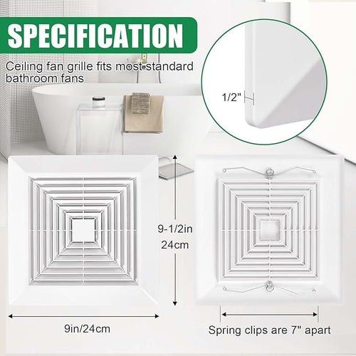 ( 3Piece 9" x 9"Inch Bathroom Exhaust Fan Cover with Spring, Square Ceiling or Wall Mounted Exhaust Fan, Ceiling Fan, Grille, Air Diffuser, Diverter Ventilation Hood, Replacement Accessories