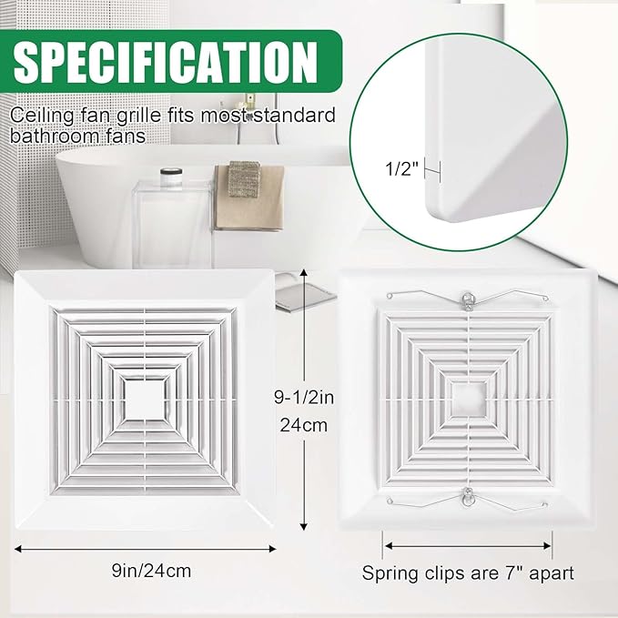 ( 2Piece 9" x 9"Inch Bathroom Exhaust Fan Cover with Spring, Square Ceiling or Wall Mounted Exhaust Fan, Ceiling Fan, Grille, Air Diffuser, Diverter Ventilation Hood, Replacement Accessories