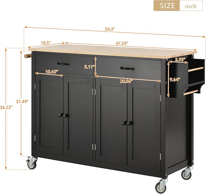 Favfurish Kitchen Island Cart on Locking Wheels with 4 Cabinet and 2 Drawers, Rolling Coffee Bar Trolley w/Solid Wood Tabletop, Adjustable Shelves, Spice & Towel Side Rack, for Dining Room, Black