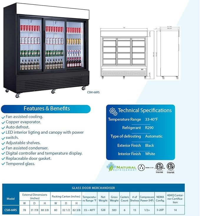 Commercial Refrigerator Glass 3-door Sliding Door NSF Merchandiser 78"Width X32"DX81"H Beverage Drink Cooler,Flower/Floral Refrigerator, ETL,NSF, Upright, Capacity 69 cuft,110V CSM-68RS