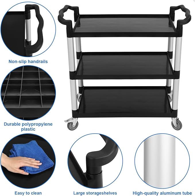 3-Shelf Rolling Utility Push Cart on Wheels, 500 LBS Capacity Heavy Duty Black Steel Organizer, Service Cart Push Cart for Restaurant, Bathroom, Catering Service & Business Tools Cleaning