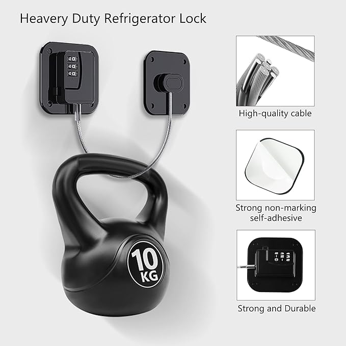 Refrigerator Lock, Heavy Duty Fridge Lock, Combination Lock for Refrigerator Cabinets, Drawers, Safety, Easy Install No Keys Needed (Black-1Pack)
