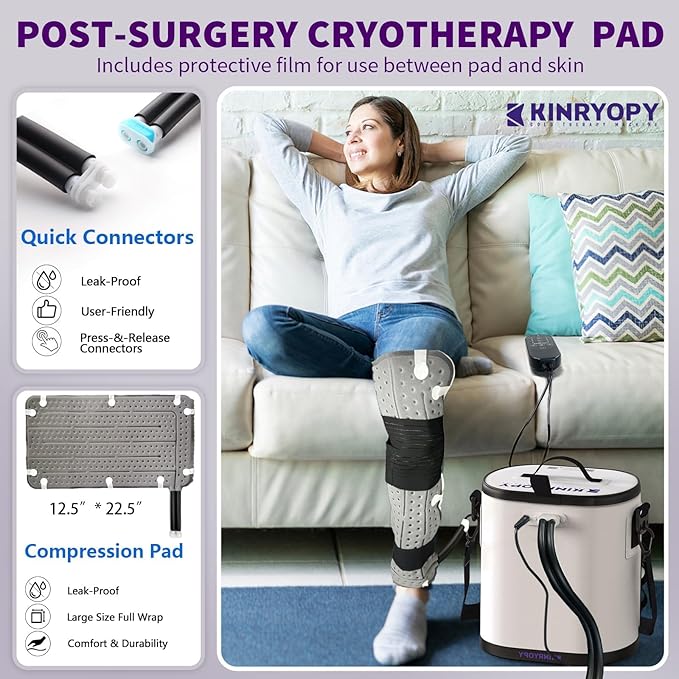 Cold Therapy Machine with Programmable Timer, Portable Ice Machine for Knee After Surgery, Full Circumference Knee Pad Recovery System, Extended Coverage Back/Hip/Limb Compression Pad