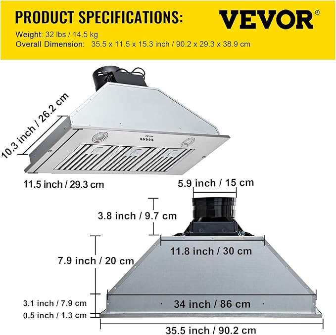 VEVOR Insert Range Hood, 800CFM 3-Speed, 36 Inch Stainless Steel Built-in Kitchen Vent with Push Button Control LED Lights Baffle Filters, Ducted/Ductless Convertible, ETL Listed…
