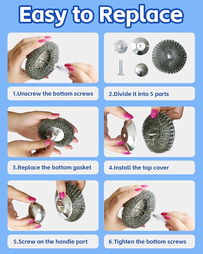 Stainless Steel Wool Scrubber with Handle, Steel Scrubber Wool Pads, Scrubbing Scouring Brush Pads for Cleaning Dishes, Stoves, Kitchen Pots, Pans