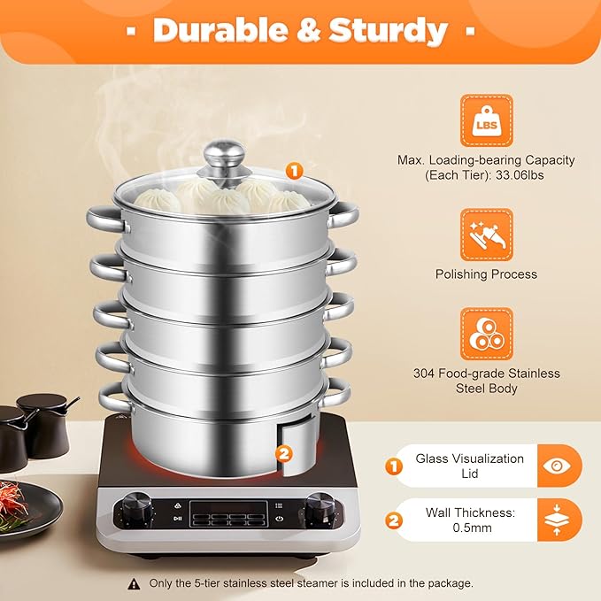 5 Tier Stainless Steel Steamer Pots Stackable Pan Steamer Cooking Pots Steam Canner with Lid Cookware Steaming Pots for Kitcken (26CM)